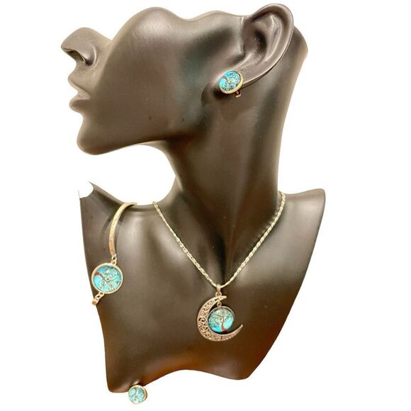 Liebe Engel Bracelet Earrings Necklace Pendant Life Tree Jewelry Set Silver Aqua - Picture 1 of 9